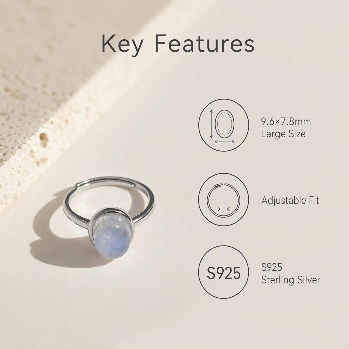 Raw Moonstone Adjustable Ring | 9.6×7.8mm | S925 Silver