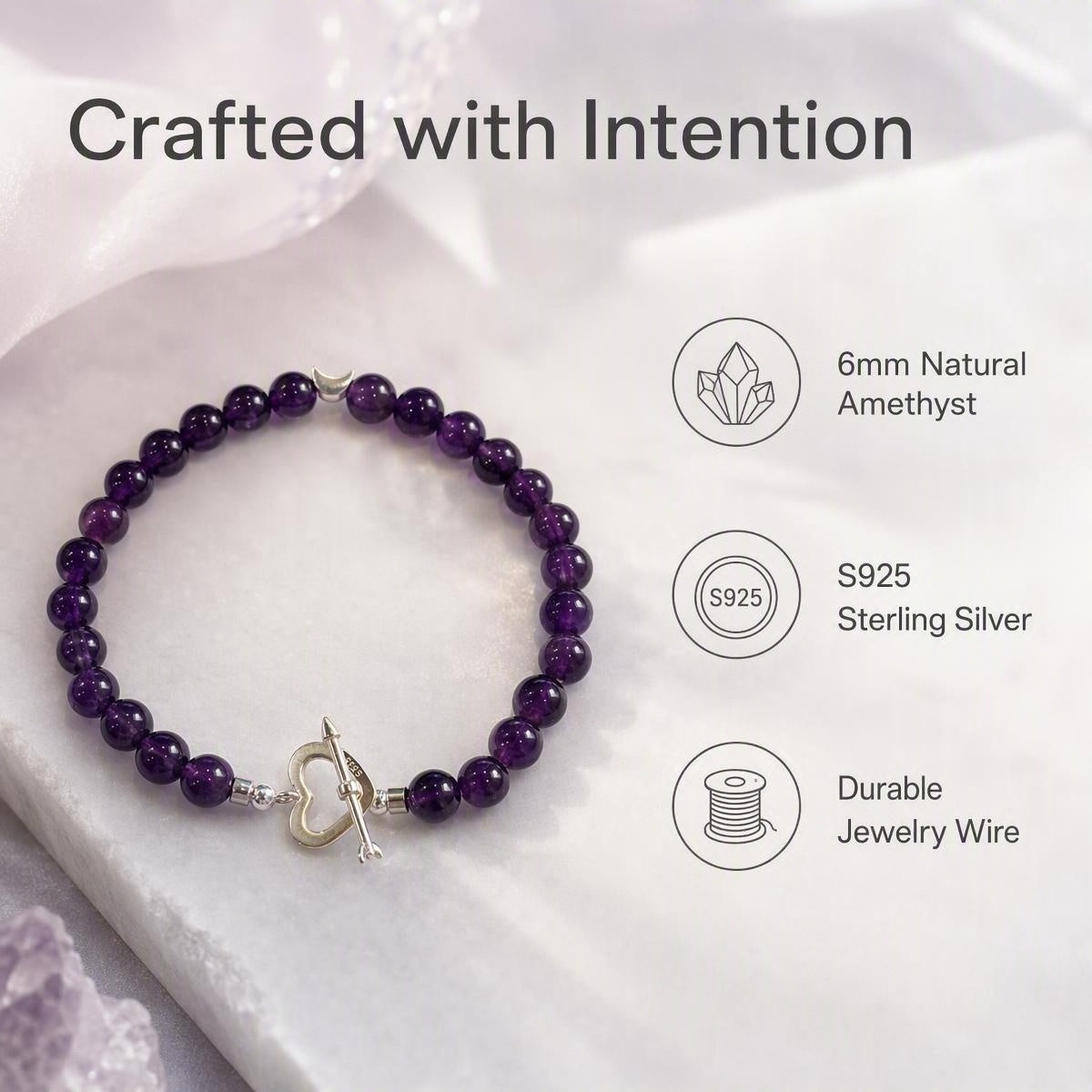 Tranquil Moon Heart Bracelet | Amethyst 6mm | S925 Silver