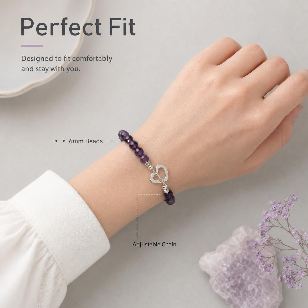Tranquil Moon Heart Bracelet | Amethyst 6mm | S925 Silver