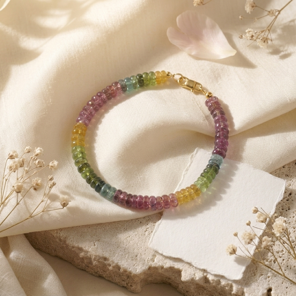 Raw Tourmaline Wheel Beads Bracelet S925 Silver