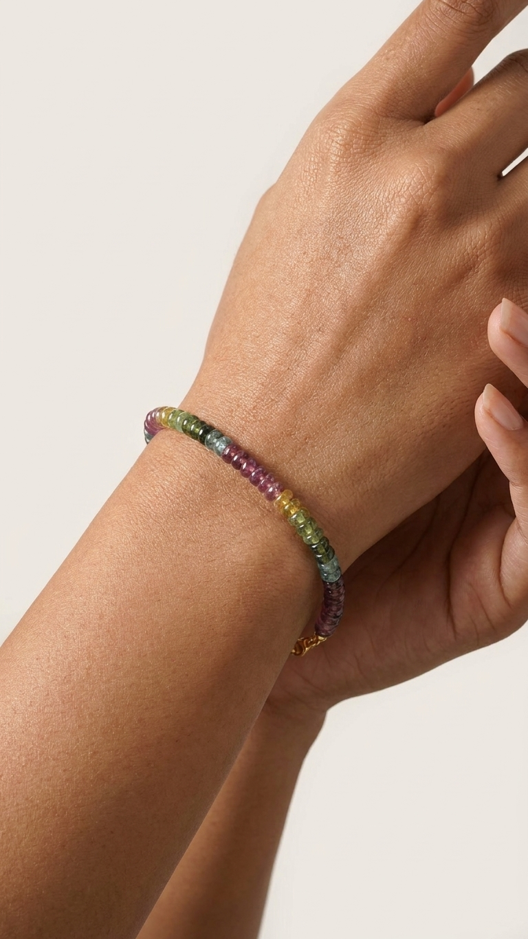 Raw Tourmaline Wheel Beads Bracelet S925 Silver