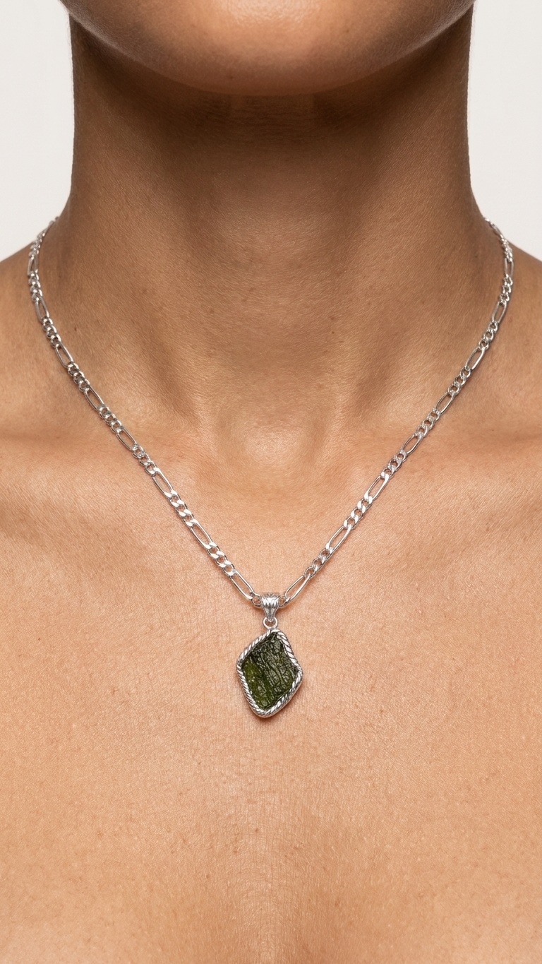 Czech Moldavite Raw Stone Necklace | S925 Silver | One of a Kind